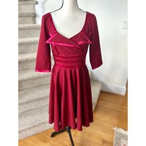 Glamour Bunny 50s Red Fit Flare Satin Trim Asymmetric Neck Tea Length Dress